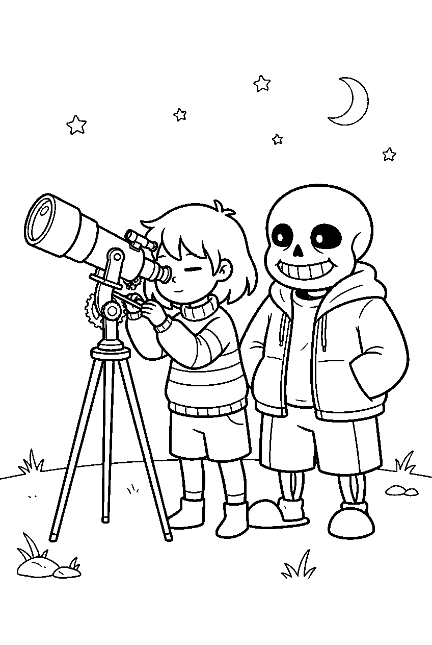 undertale frisk looking through a telescope with sans line art