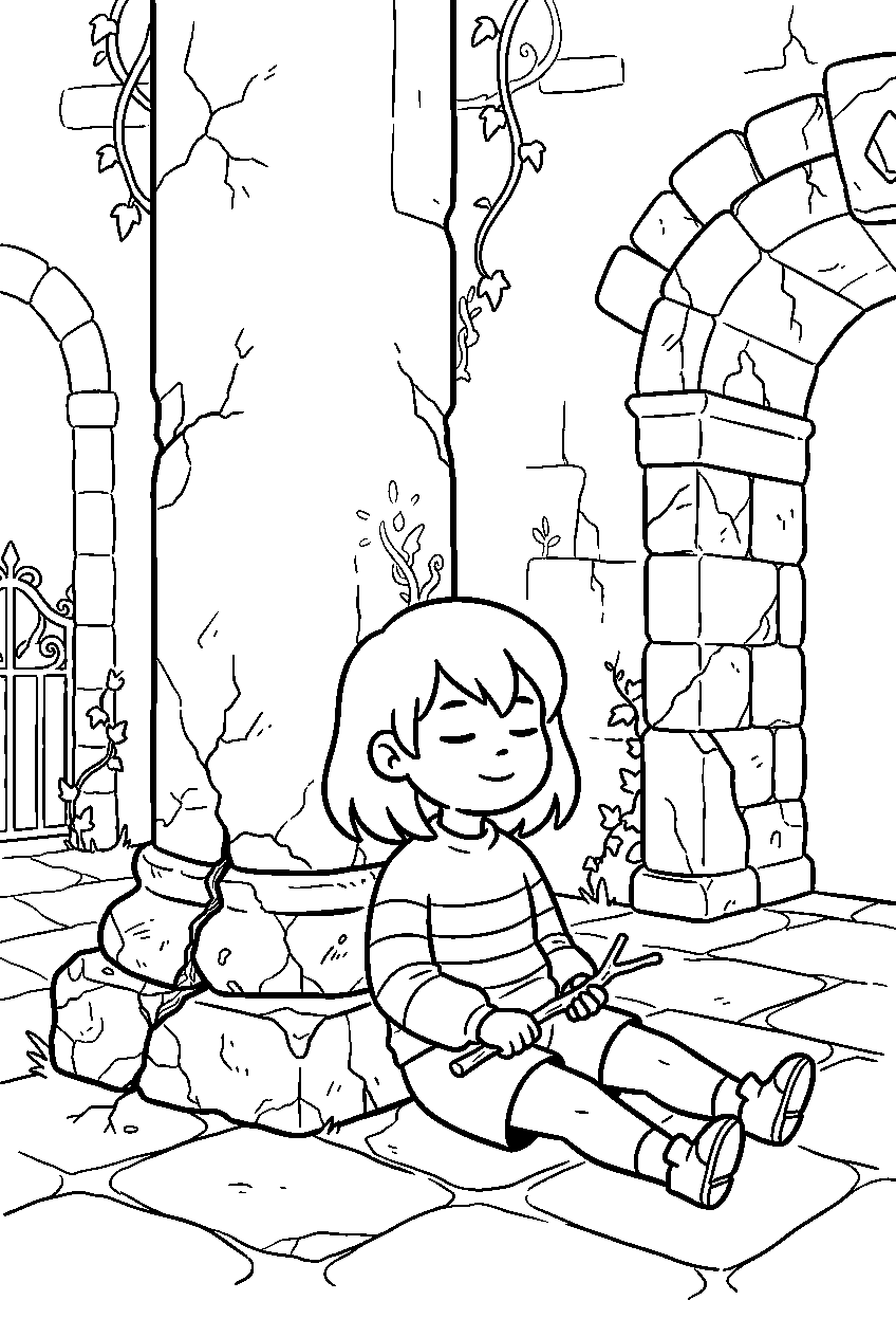undertale frisk resting beside a ruins pillar line art