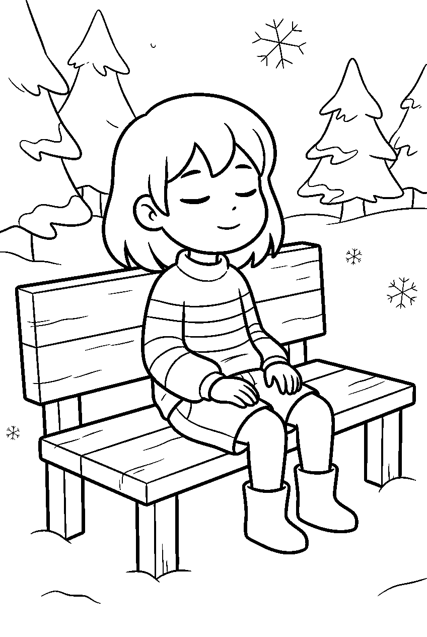 undertale frisk resting on a bench in snowdin line art