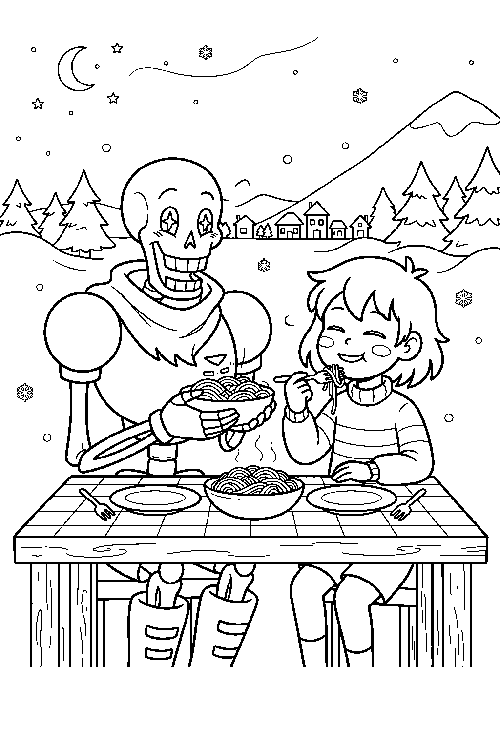 undertale frisk sharing spaghetti with papyrus in snowdin line art