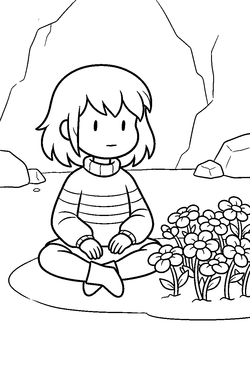 undertale frisk sitting beside a golden flower bed line art