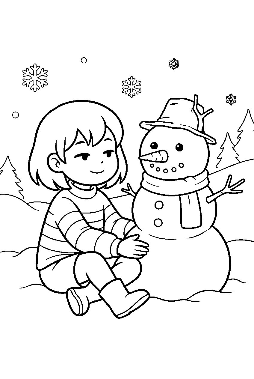 undertale frisk sitting beside a snowman line art