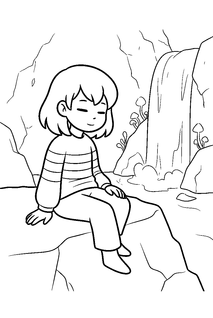 undertale frisk sitting near a waterfall line art