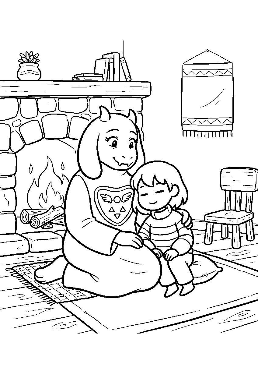 undertale frisk sitting with toriel beside a fireplace line art