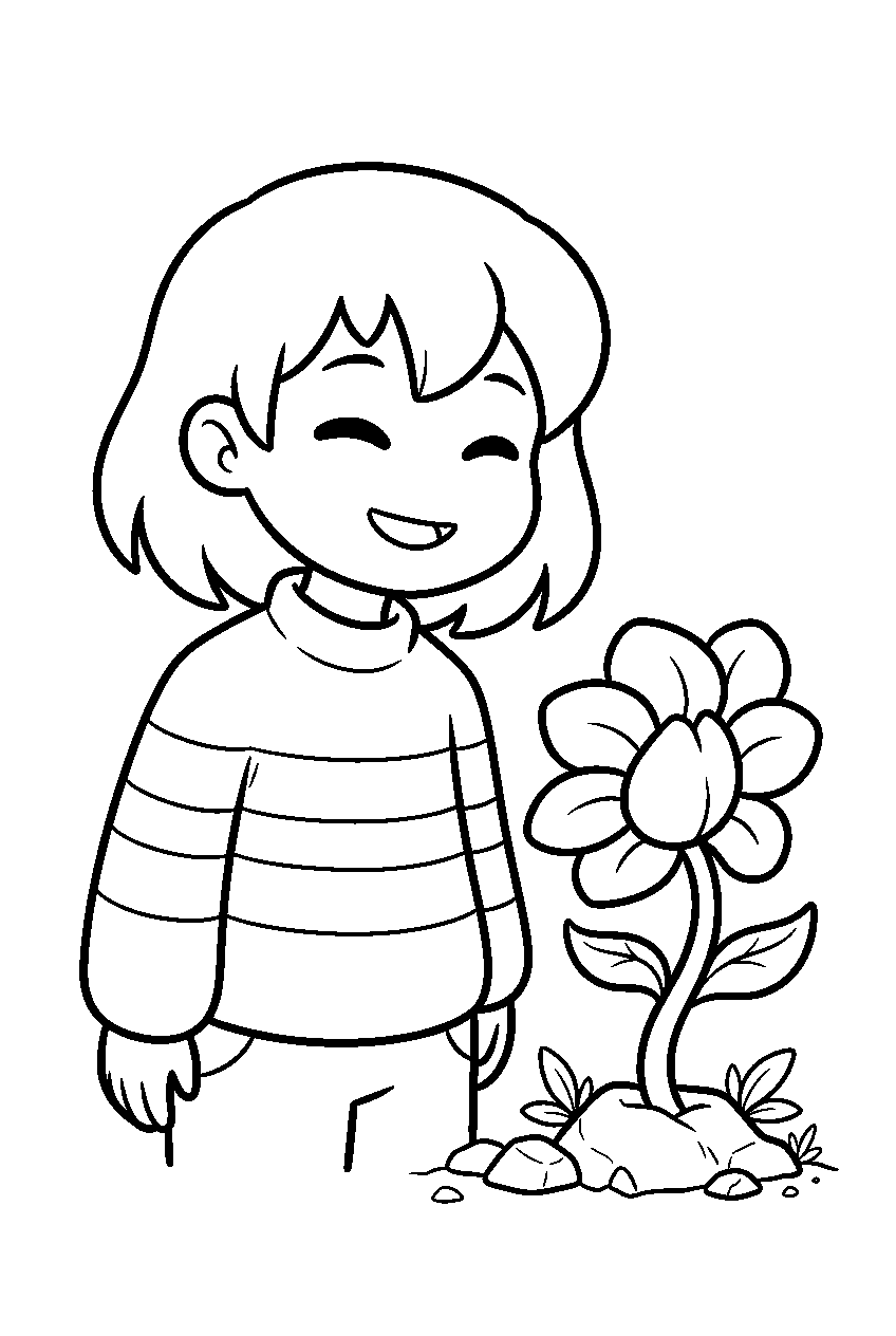 undertale frisk smiling beside a ruins flower line art