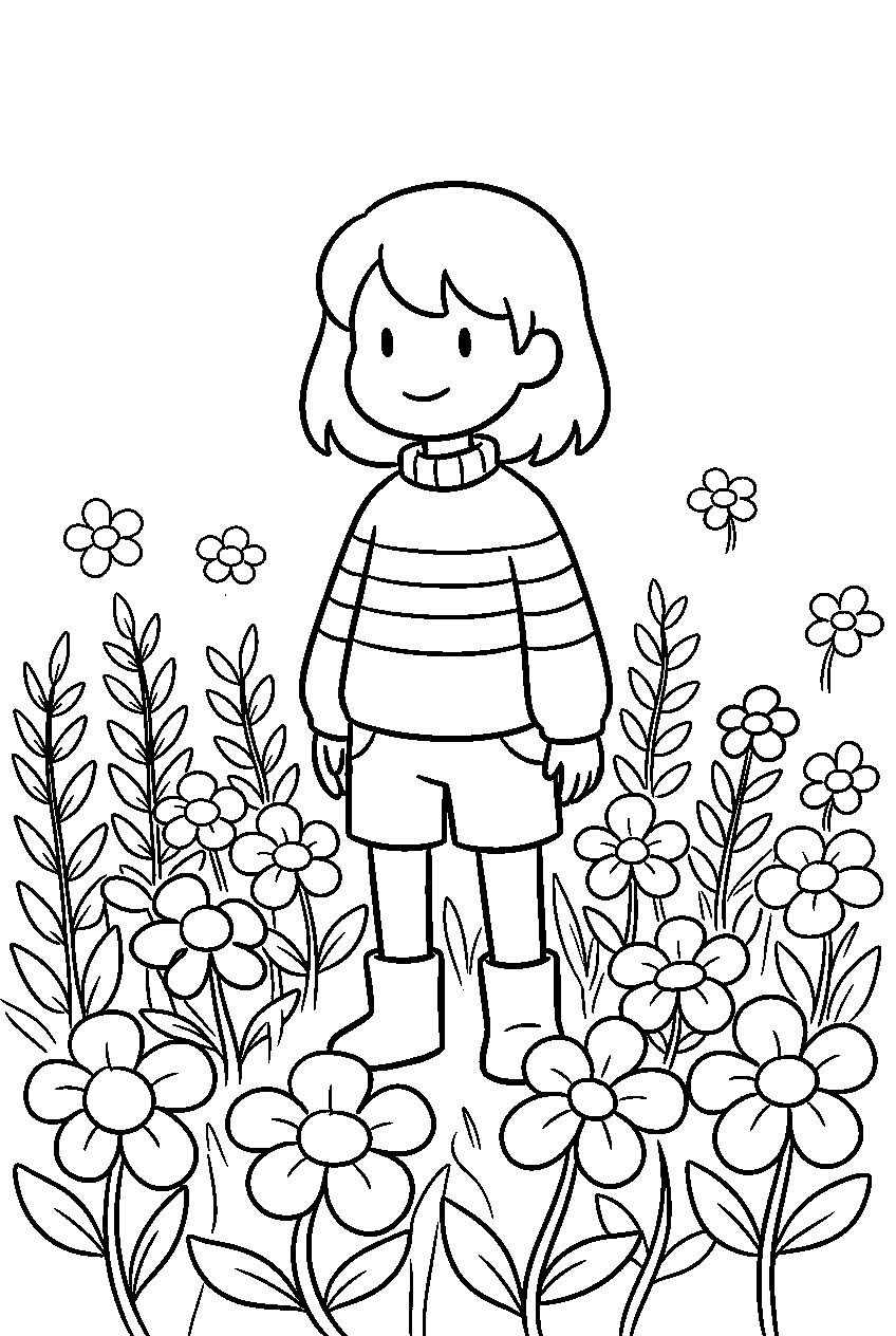 undertale frisk standing among golden flowers line art