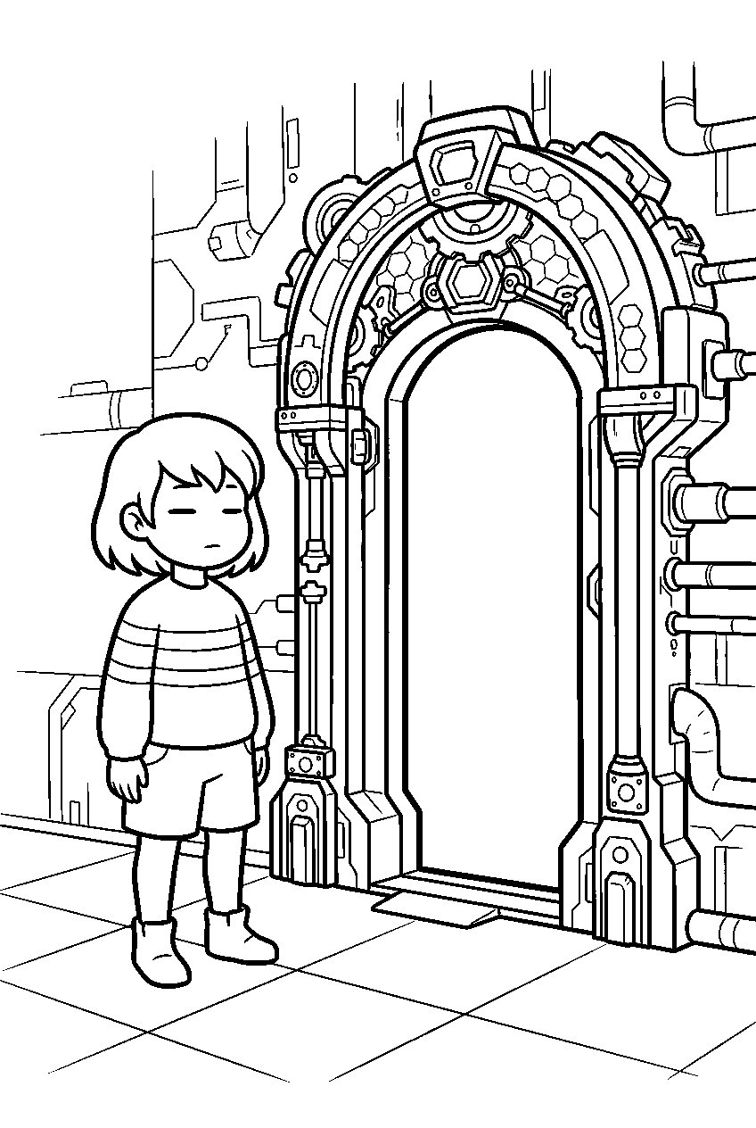 undertale frisk standing beside a core doorway line art