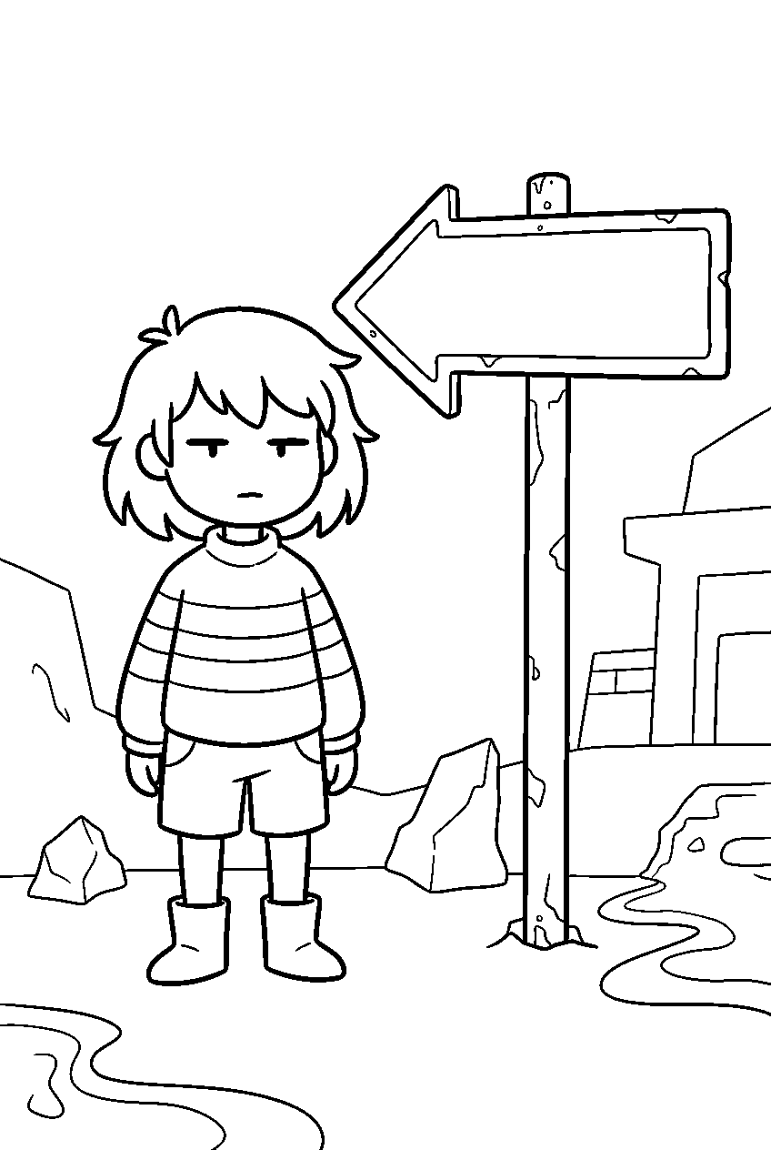 undertale frisk standing beside a hotland sign line art
