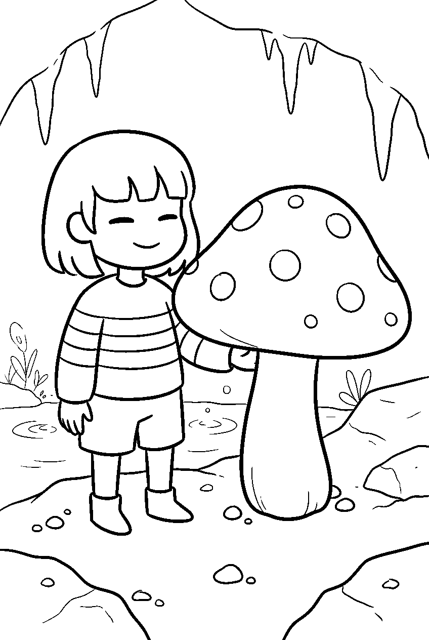 undertale frisk standing beside a mushroom in waterfall line art
