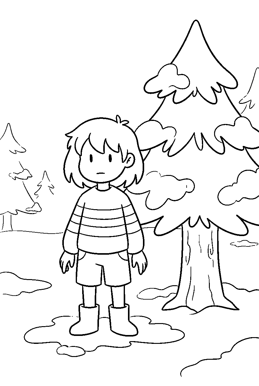 undertale frisk standing beside a snowy tree line art