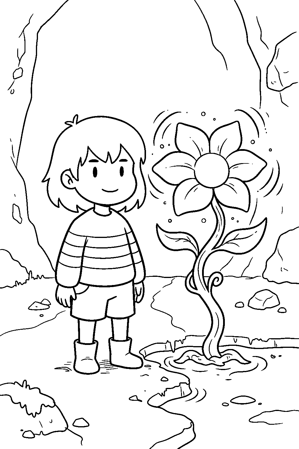 undertale frisk standing beside an echo flower line art