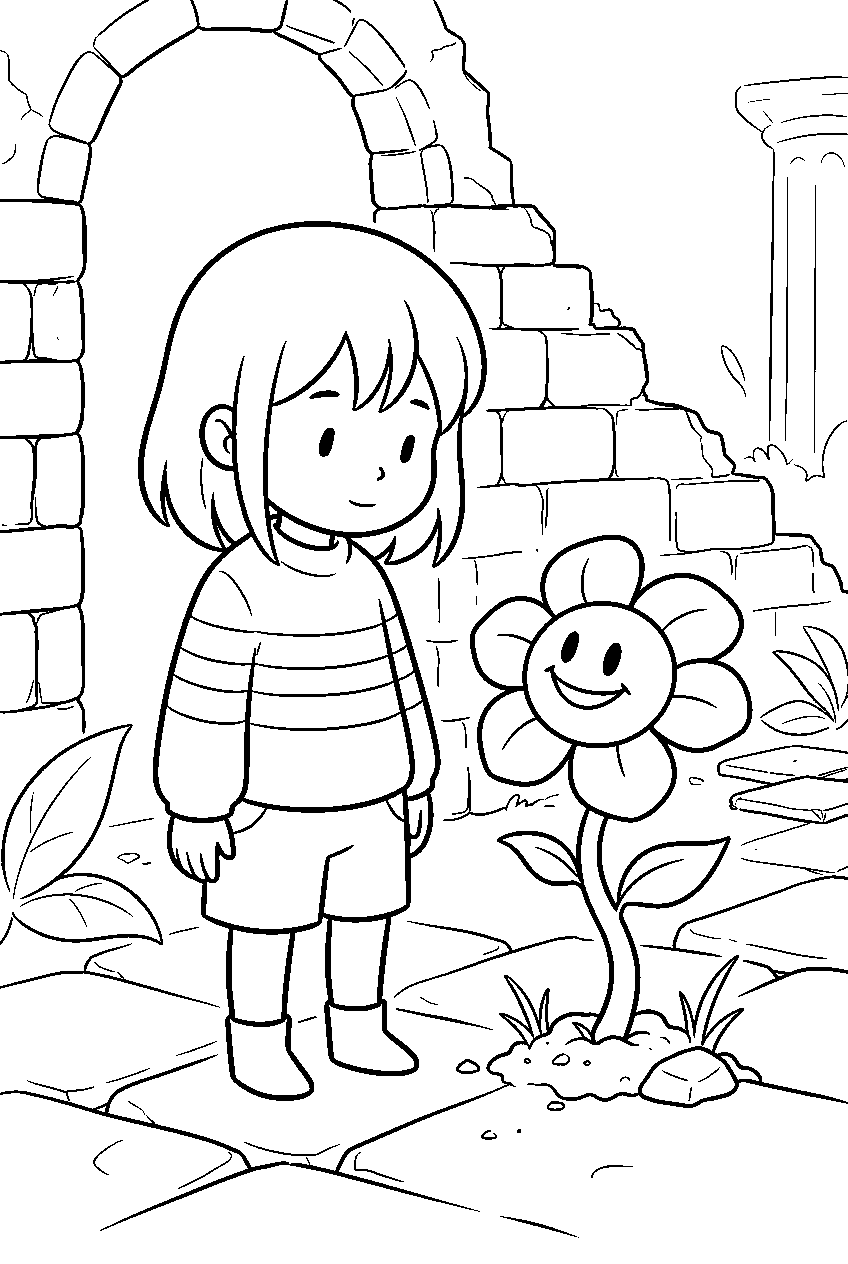 undertale frisk standing beside flowey in the ruins line art