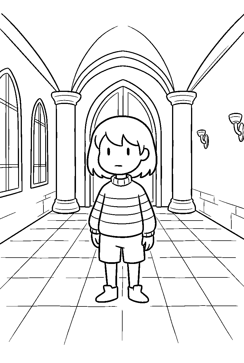 undertale frisk standing in the castle hall line art