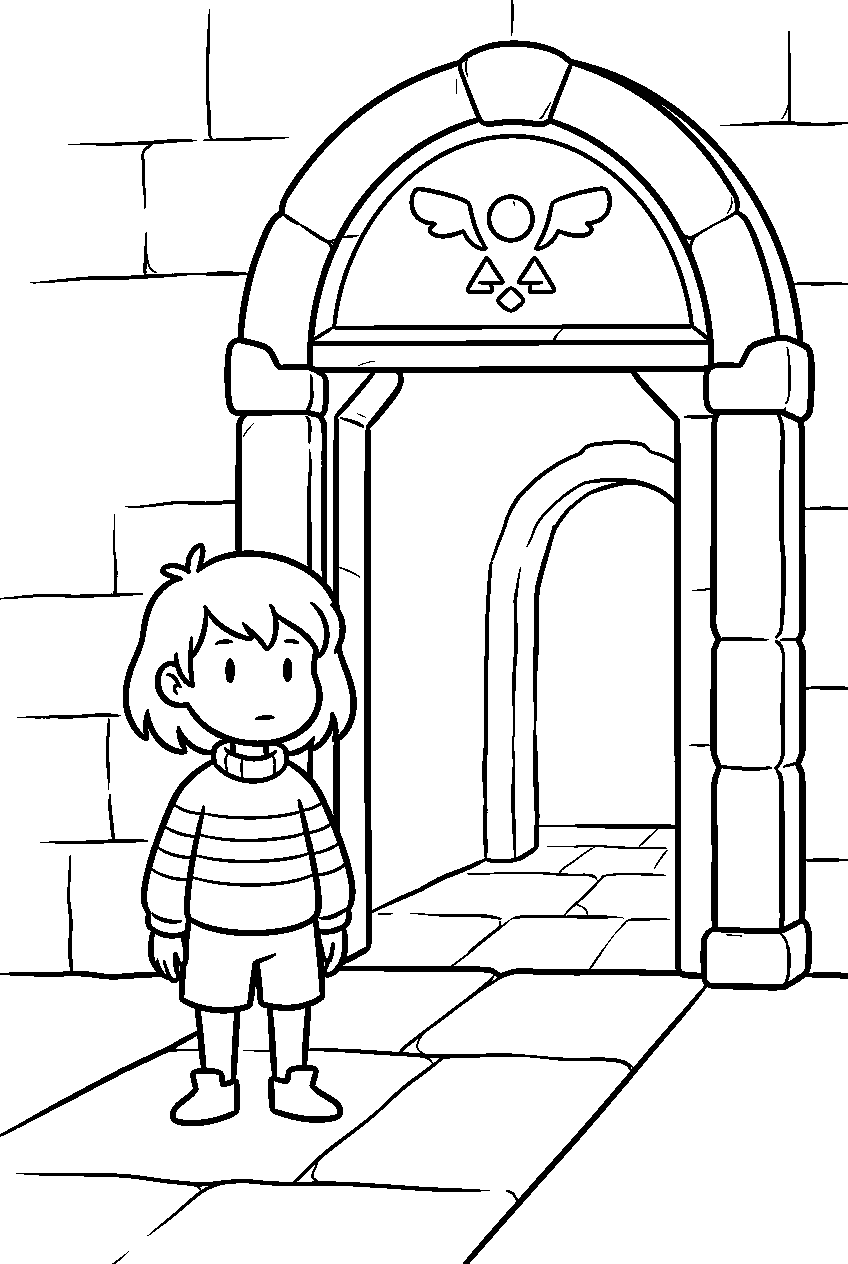 undertale frisk standing near a ruins doorway line art