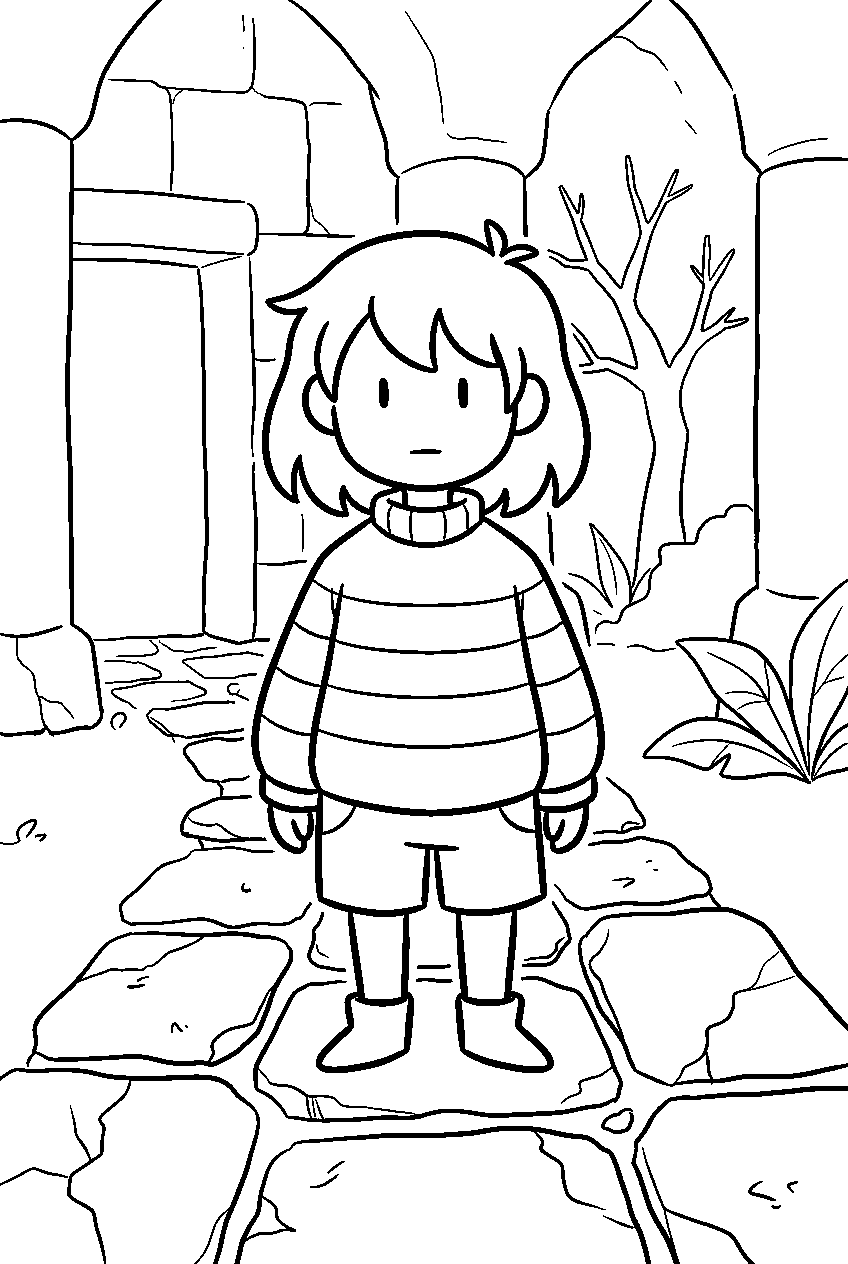 undertale frisk standing on a ruins path line art