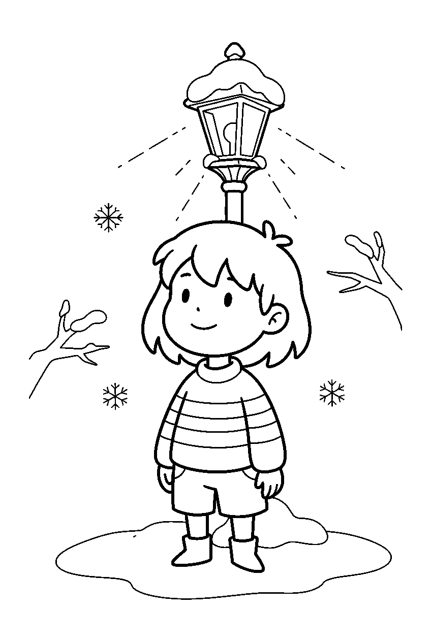 undertale frisk standing under a snowy lamp line art