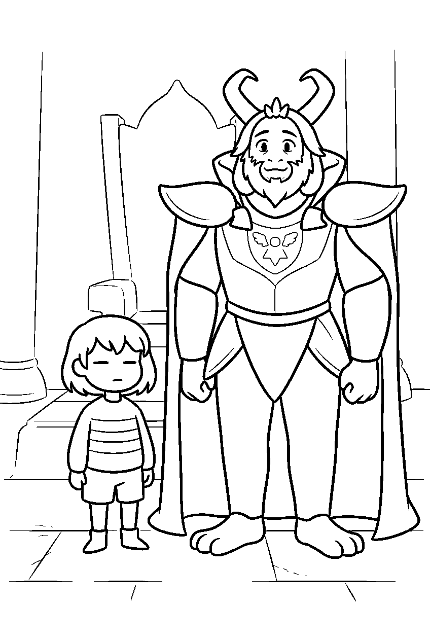 undertale frisk standing with asgore in the castle line art