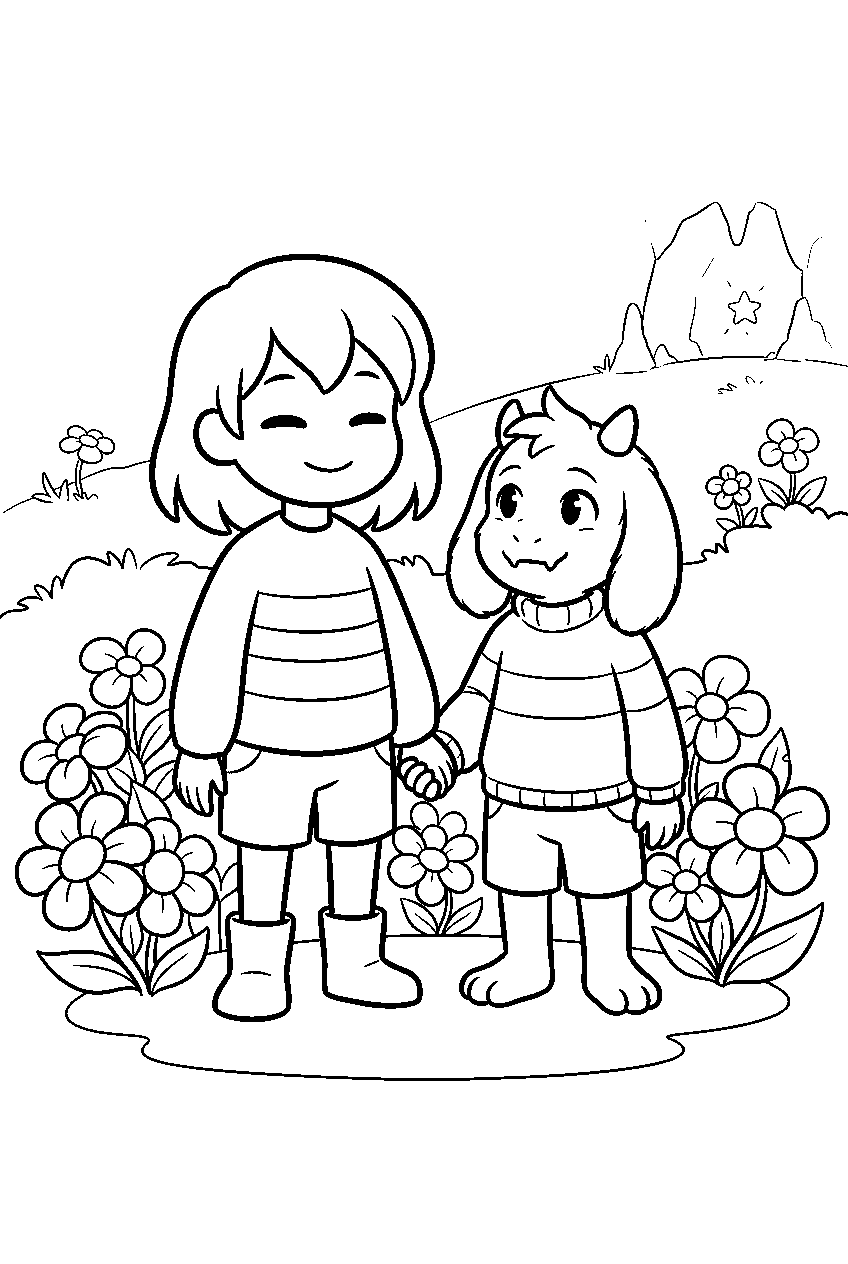 undertale frisk standing with asriel beside golden flowers line art