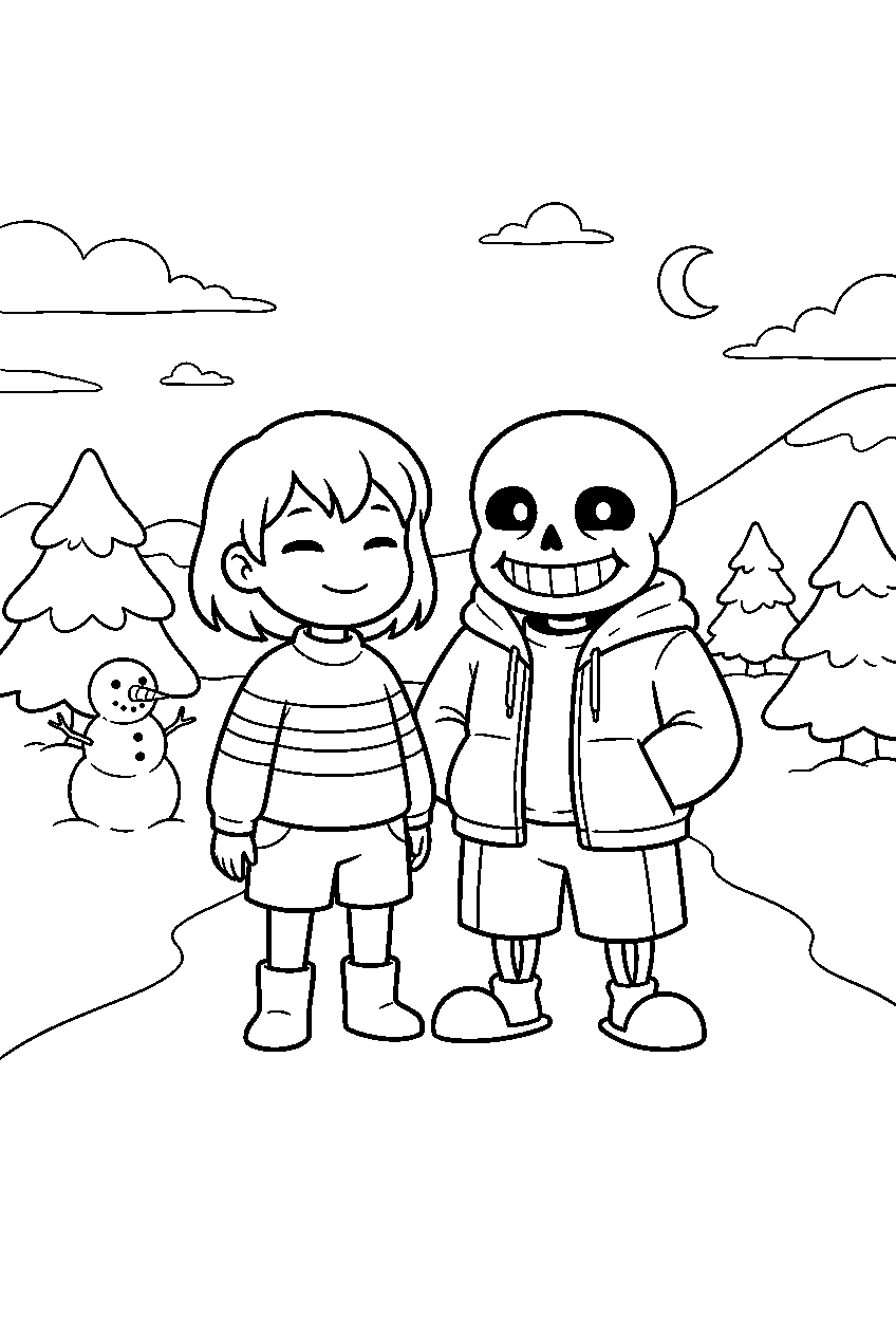 undertale frisk standing with sans in snowdin line art