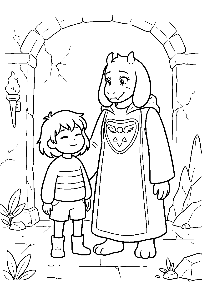 undertale frisk standing with toriel in the ruins line art