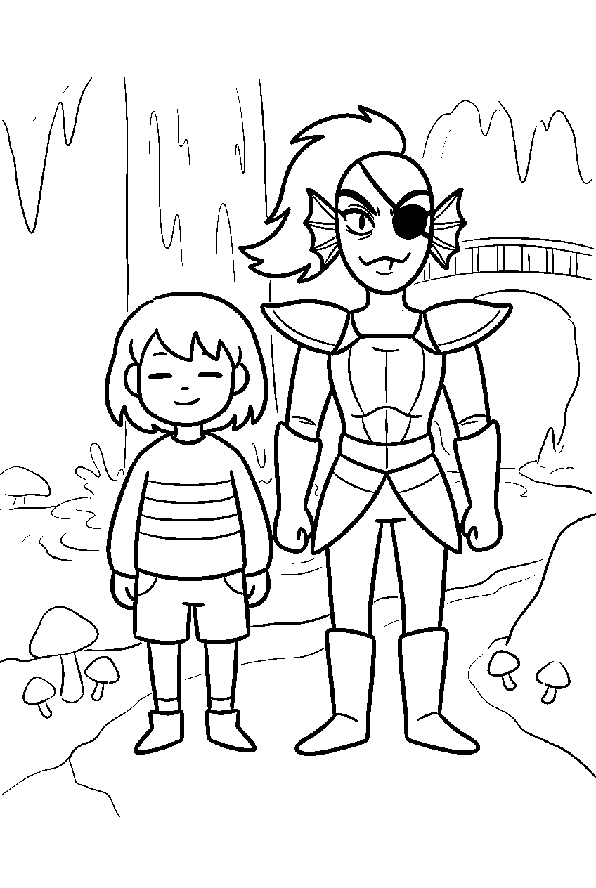 undertale frisk standing with undyne in waterfall line art