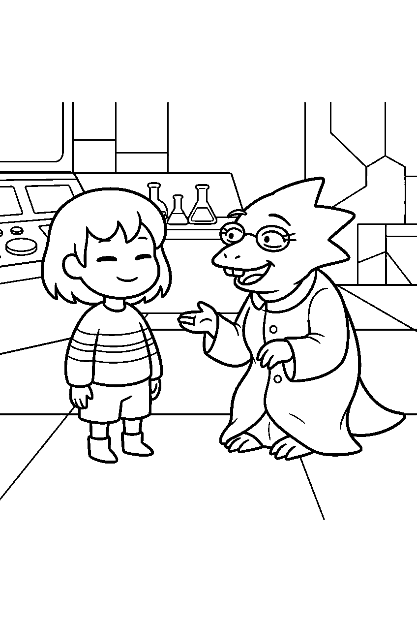 undertale frisk talking with alphys in the hotland lab line art