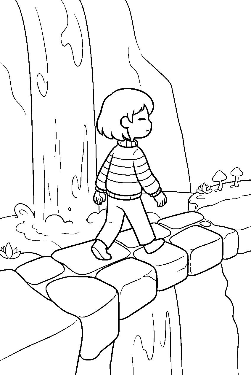 undertale frisk walking across a waterfall bridge line art