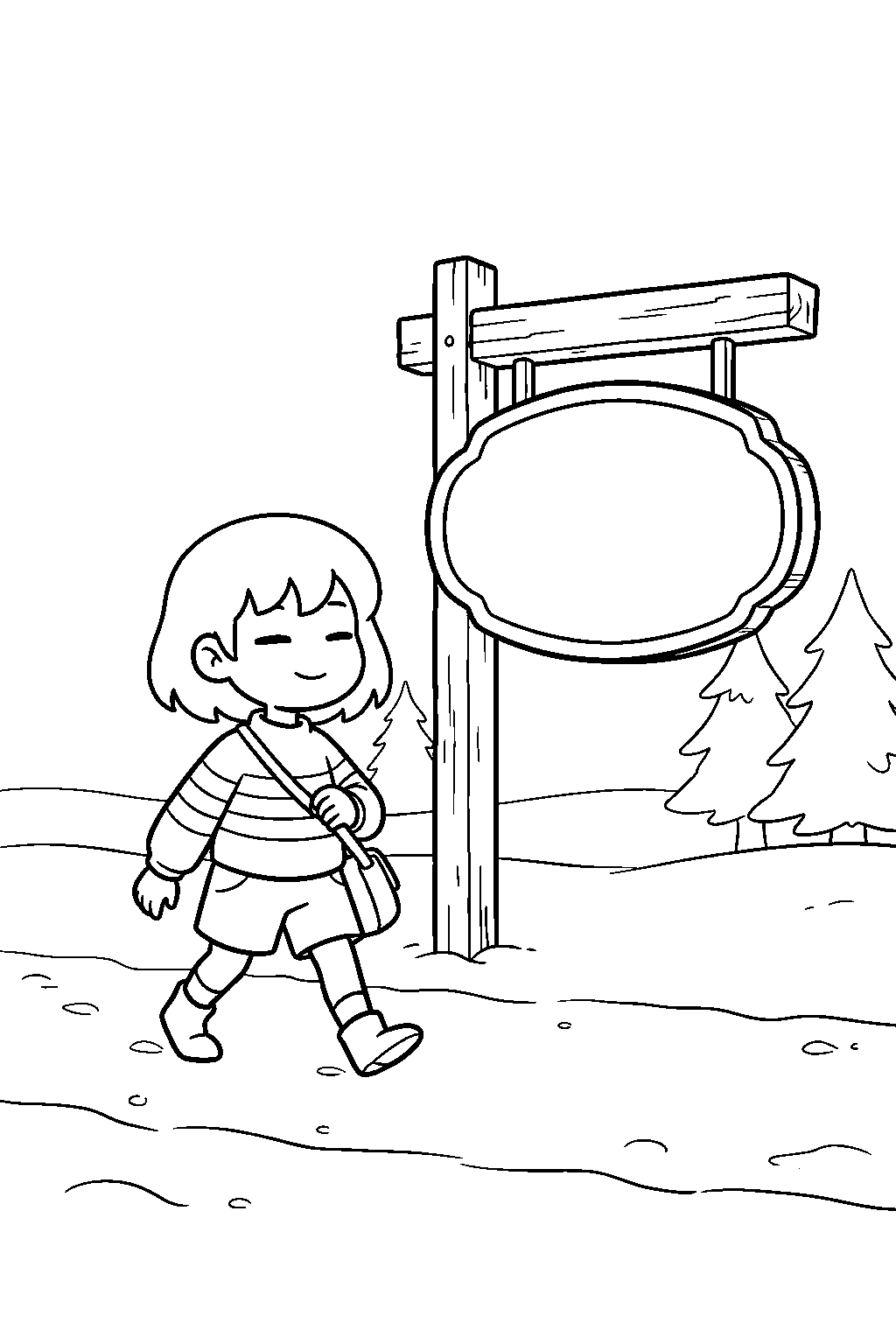 undertale frisk walking beside a snowdin sign line art