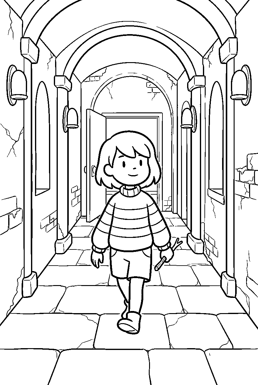 undertale frisk walking down a ruins hallway line art