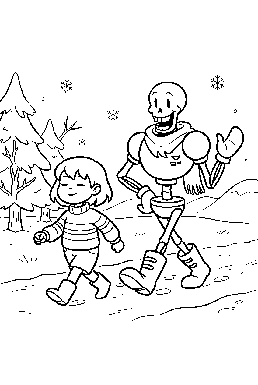 undertale frisk walking with papyrus through snowdin line art