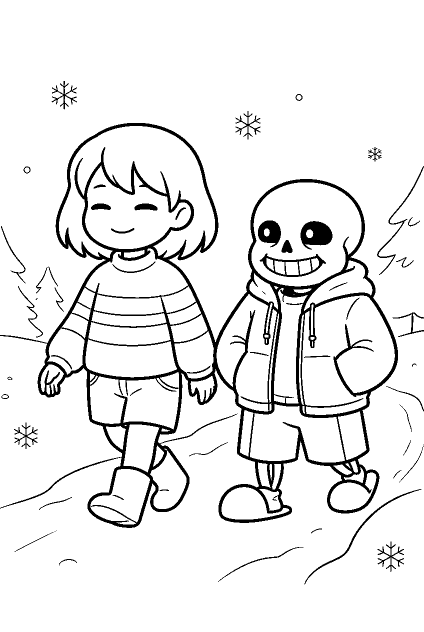 undertale frisk walking with sans on a snowy path line art