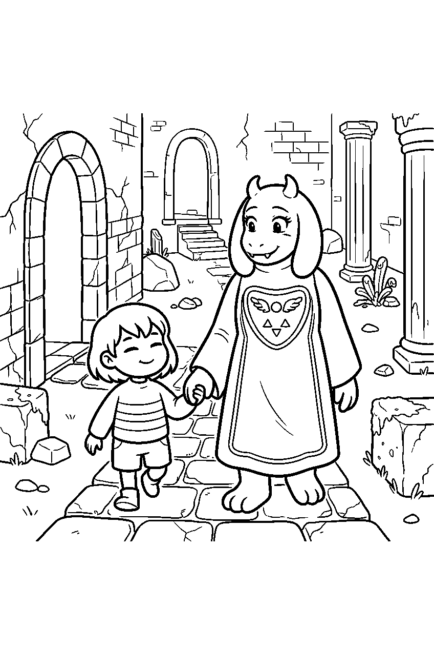 undertale frisk walking with toriel through the ruins line art