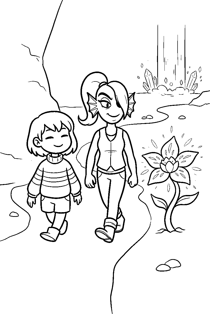 undertale frisk walking with undyne beside an echo flower line art