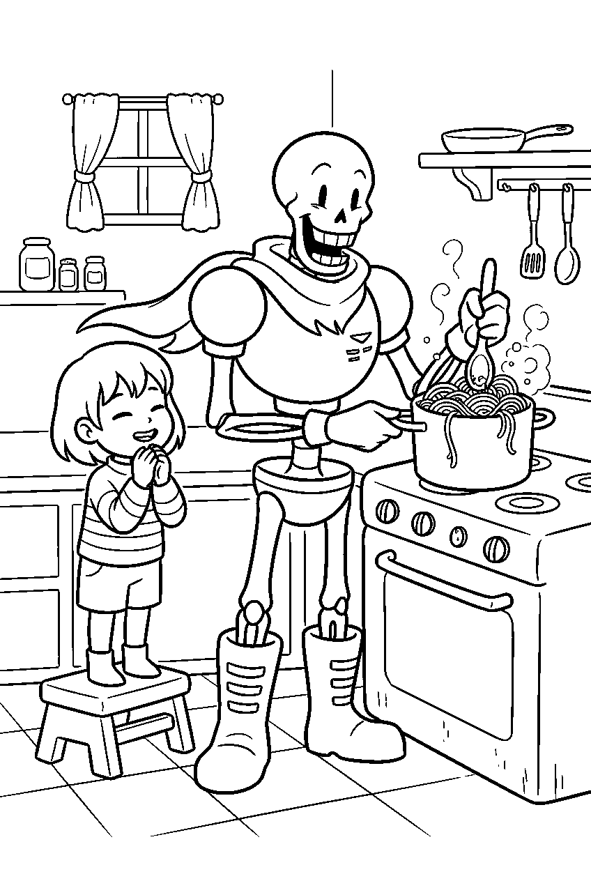 undertale frisk watching papyrus cook spaghetti line art