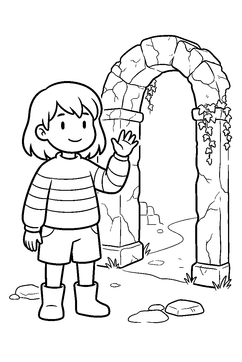 undertale frisk waving beside a ruins archway line art