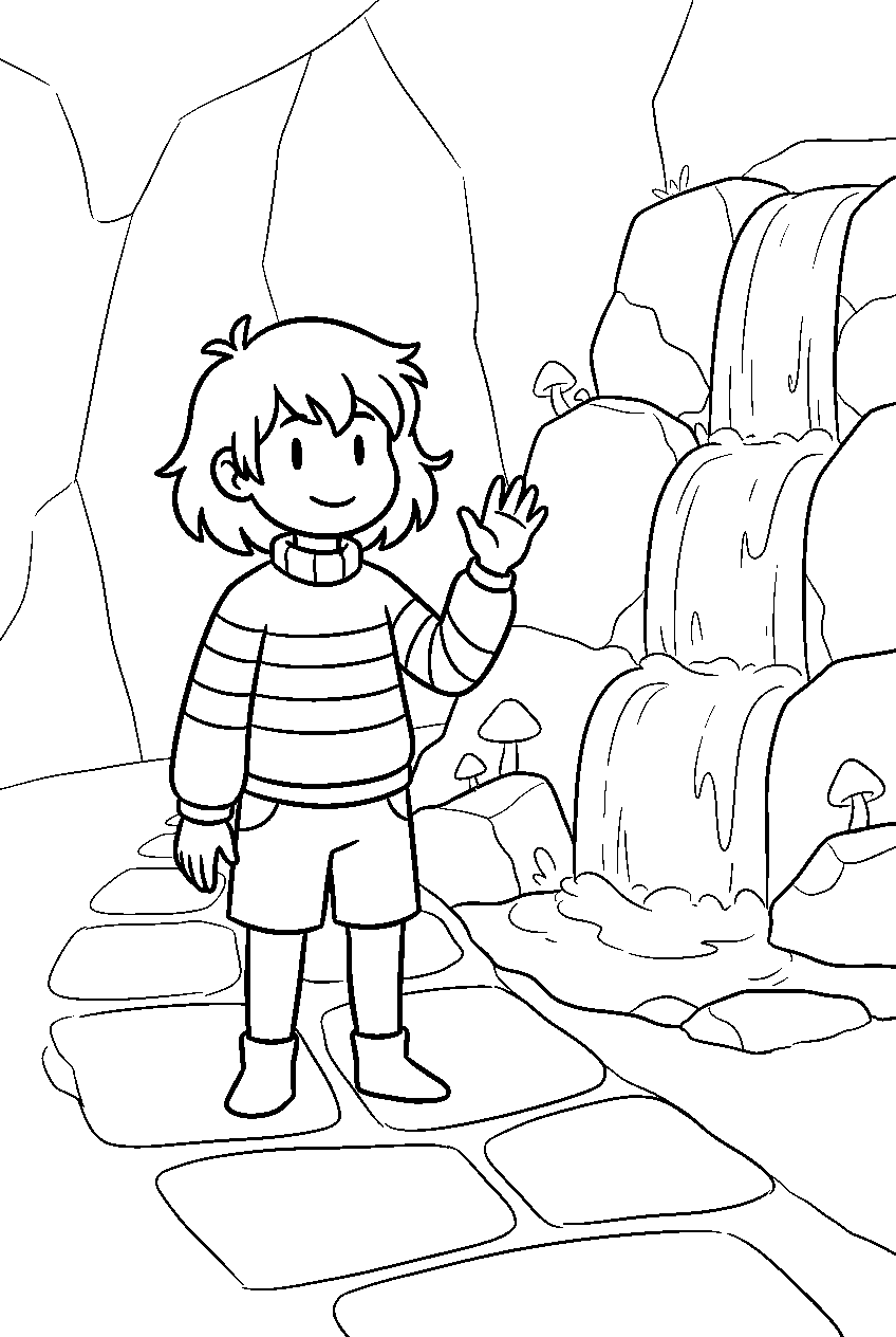 undertale frisk waving beside a waterfall path line art