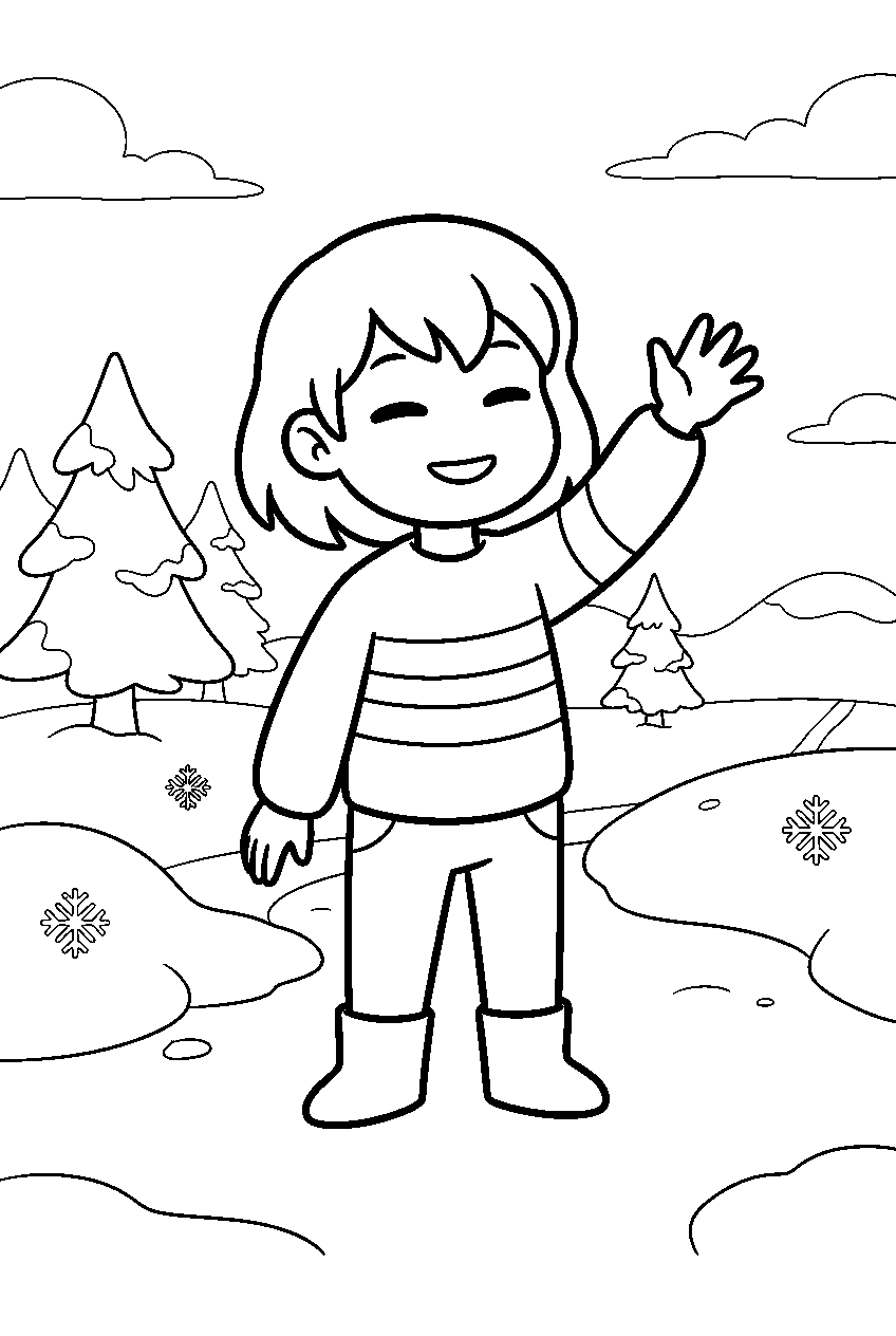 undertale frisk waving on a snowdin path line art