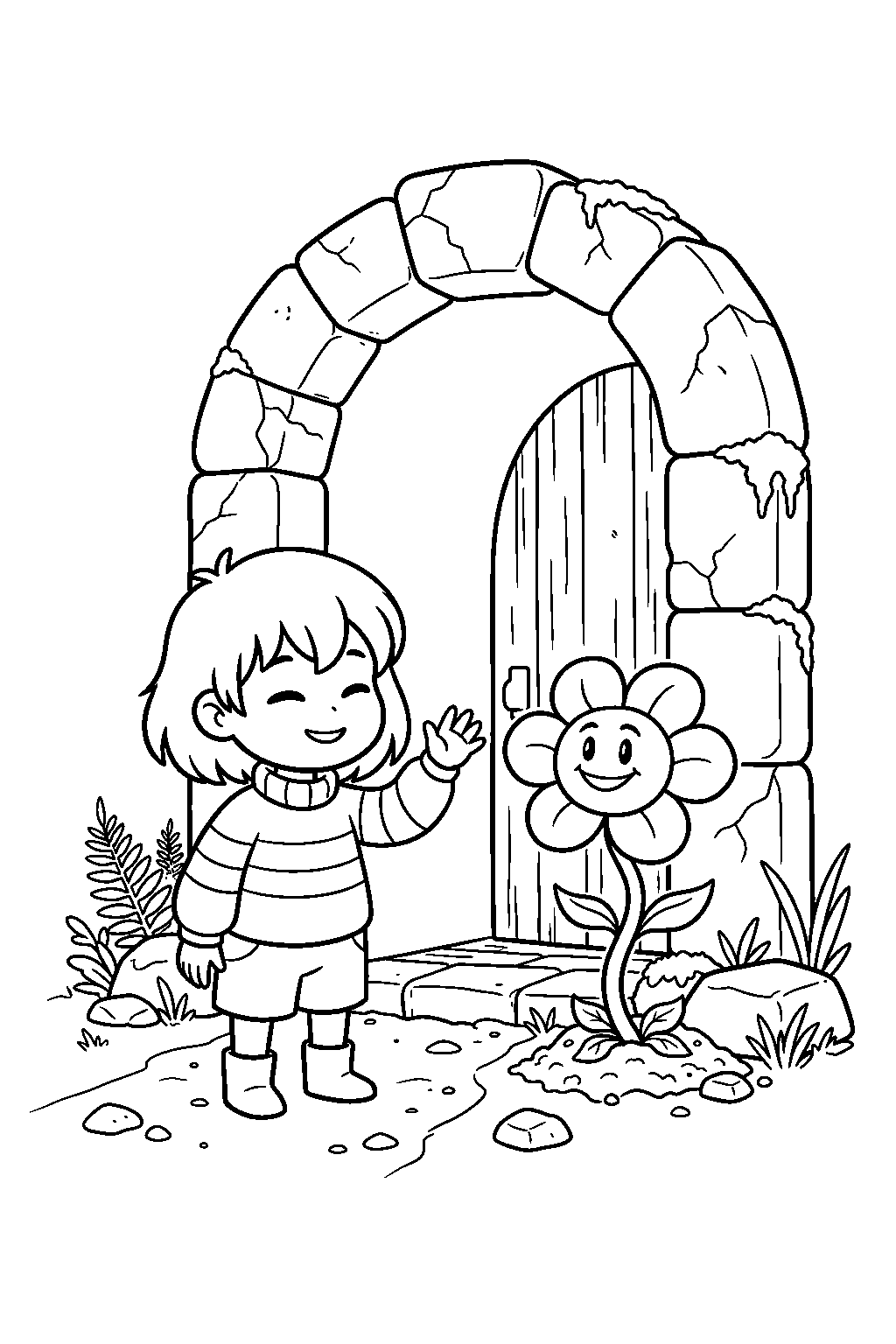 undertale frisk waving to flowey near a ruins archway line art
