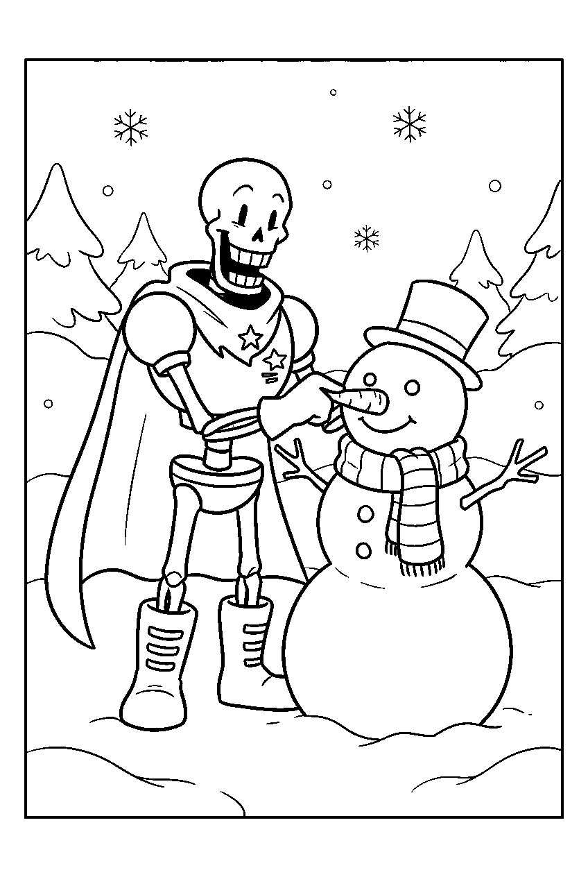 undertale papyrus decorating a snowman in snowdin line art