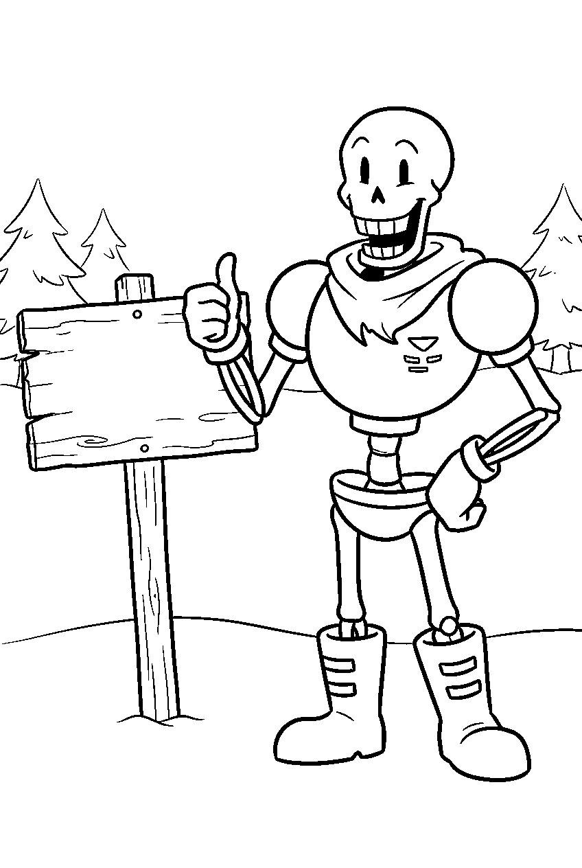 undertale papyrus giving a thumbs up beside a snowdin sign line art