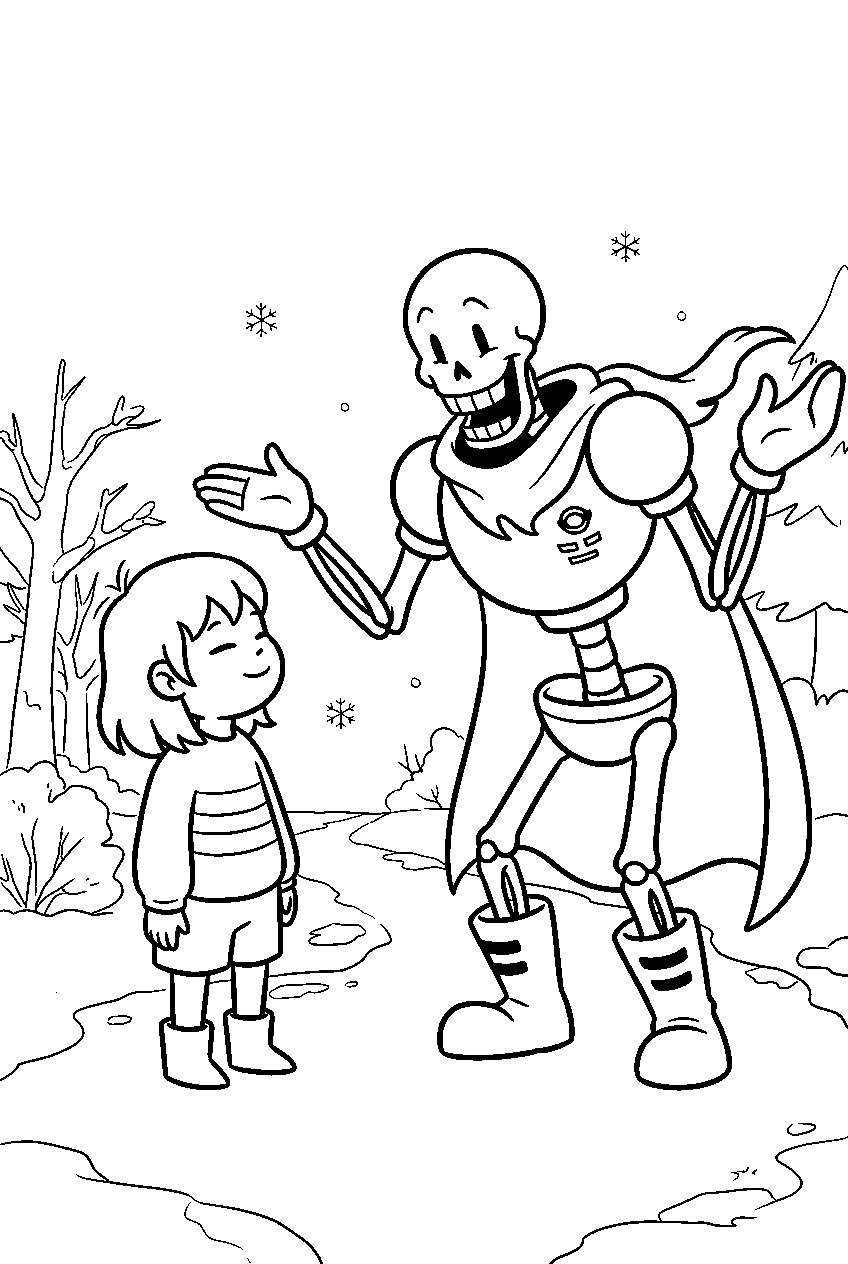 undertale papyrus greeting frisk on a snowdin path line art