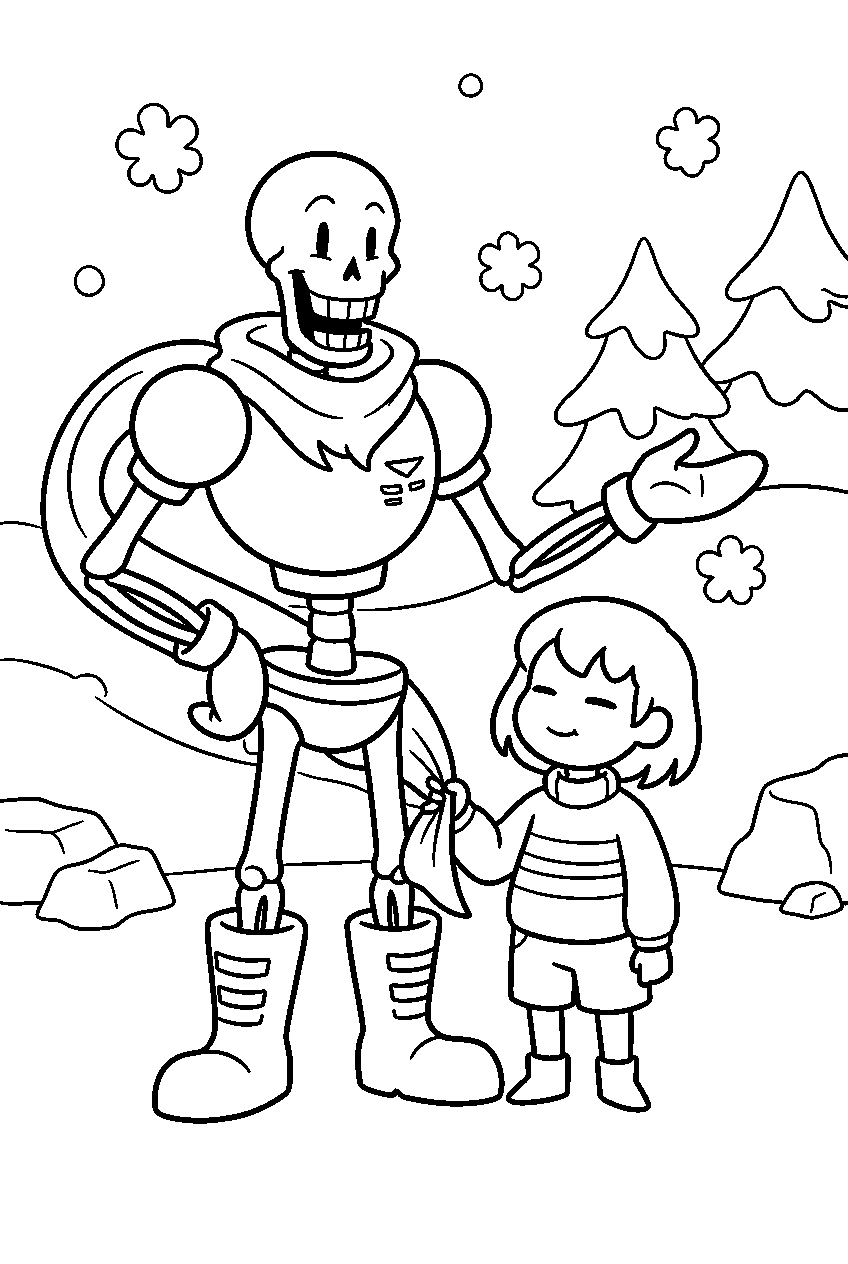 undertale papyrus guiding frisk through snowdin line art