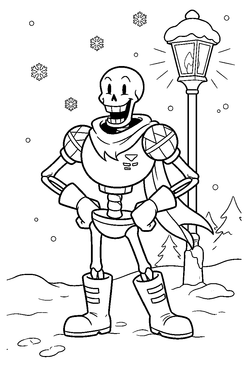 undertale papyrus hands on hips under a snowy lamp line art