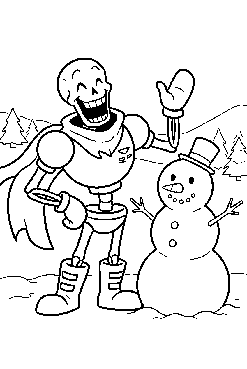 undertale papyrus laughing beside a snowman line art