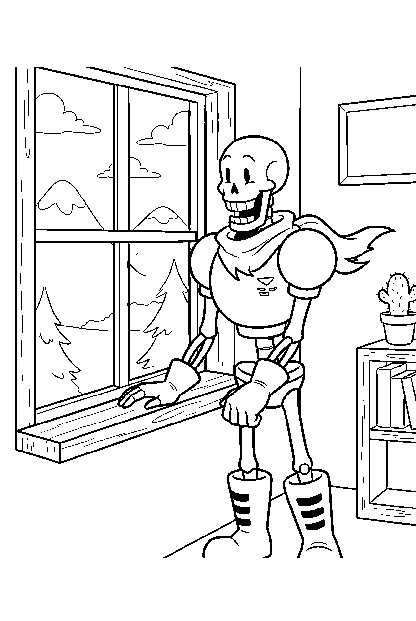 undertale papyrus looking out a window at home line art