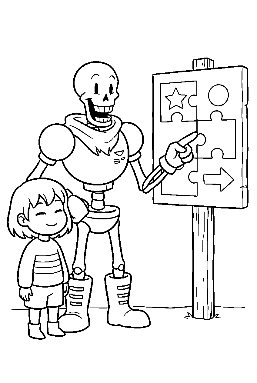 undertale papyrus pointing at a puzzle sign with frisk line art