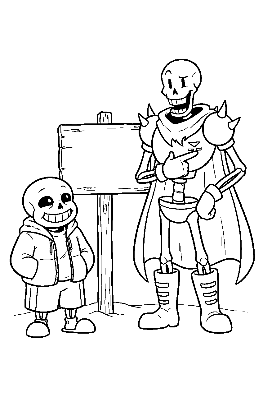 undertale papyrus pointing at a sign with sans line art
