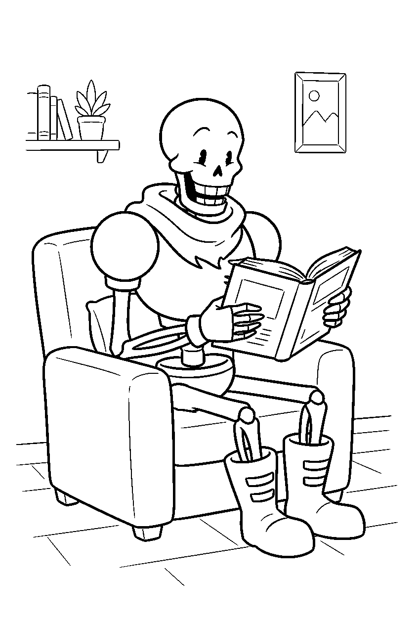undertale papyrus reading a book at home line art