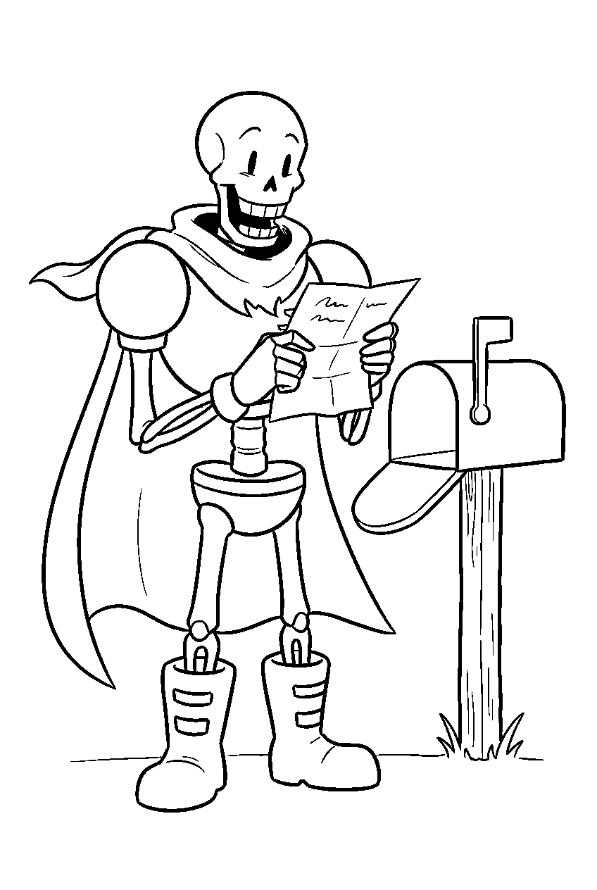 undertale papyrus reading a letter beside a mailbox line art