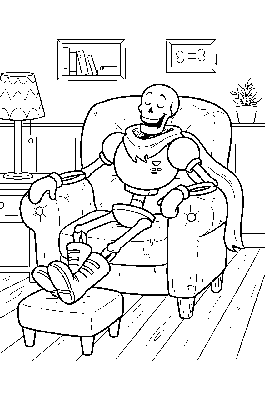 undertale papyrus resting in an armchair at home line art